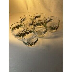 MCM Federal Glass Roly Poly Glasses Woodland Pattern Barware Gold Green Brown